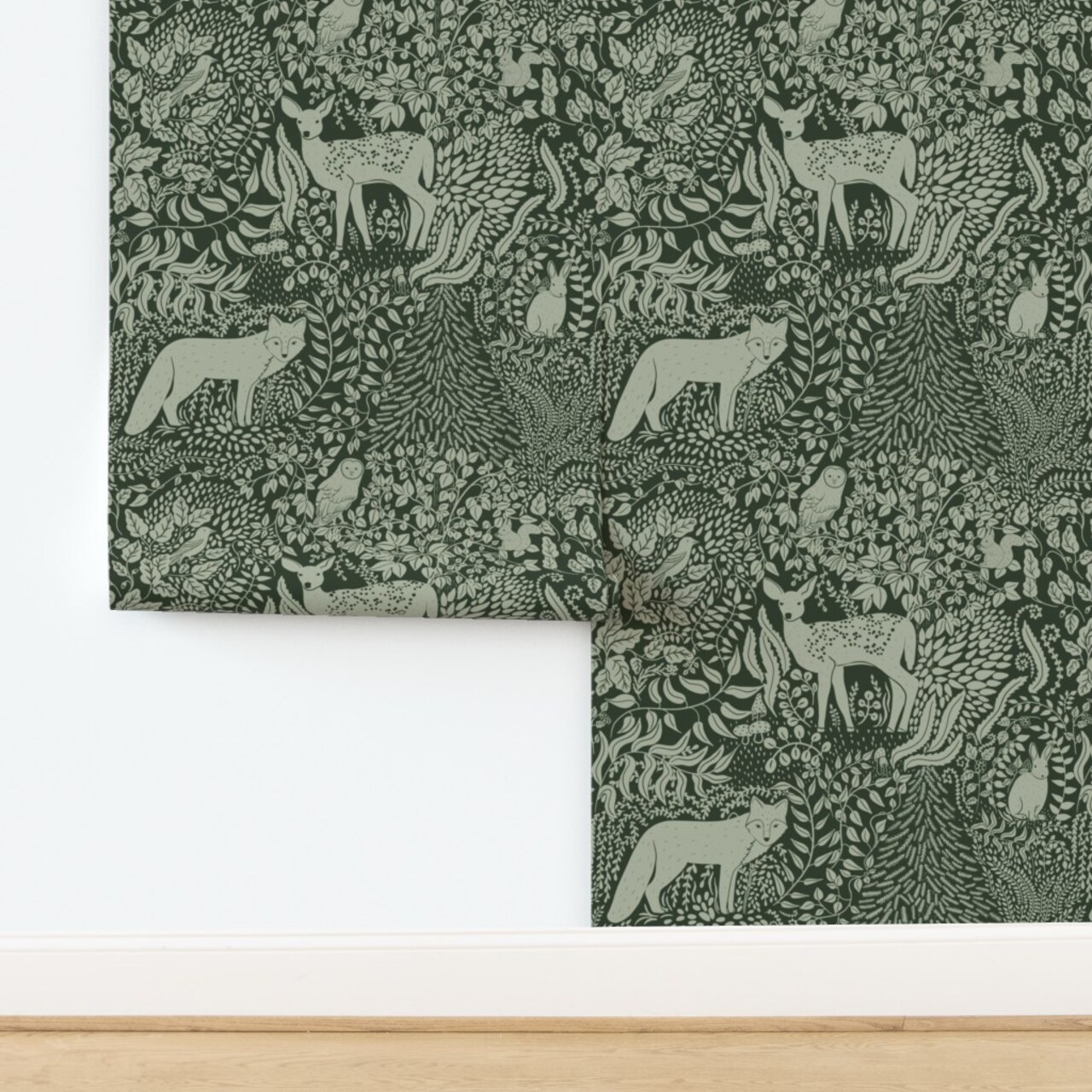Woodland Green Monochromatic Deer Fox Owl Rabbit Squirrel Sage Green Botanical Rustic Earth Tone Custom Pre-pasted Wallpaper by Spoonflower Pre-Pasted Wallpaper 2FT Wide